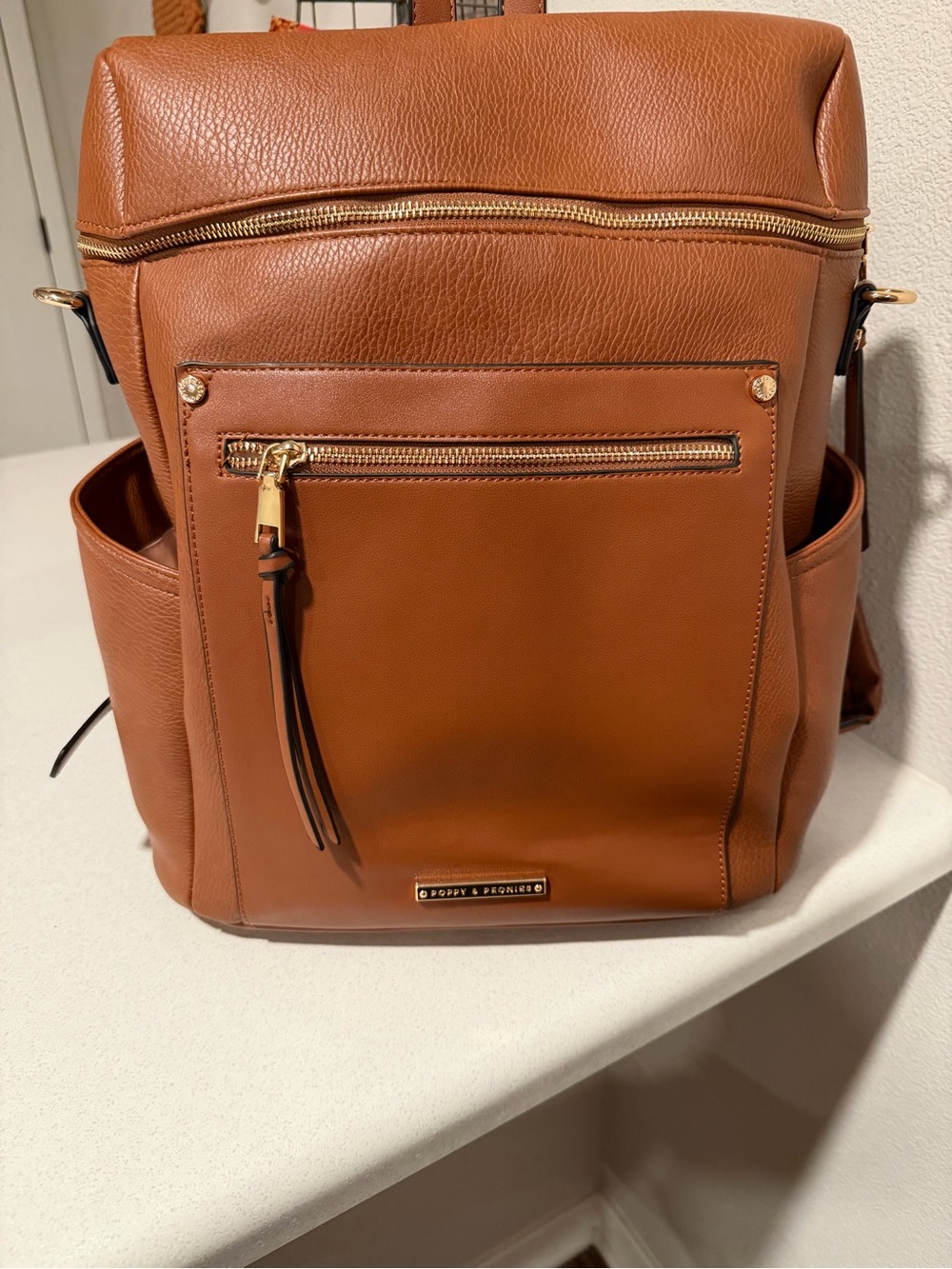 Poppy & Peonies Cognac Brown Leather Commuter Backpack